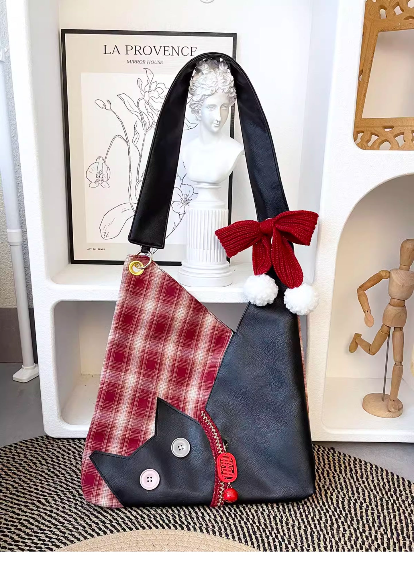 Red Plaid Plush Cat Bow Shoulder Bag