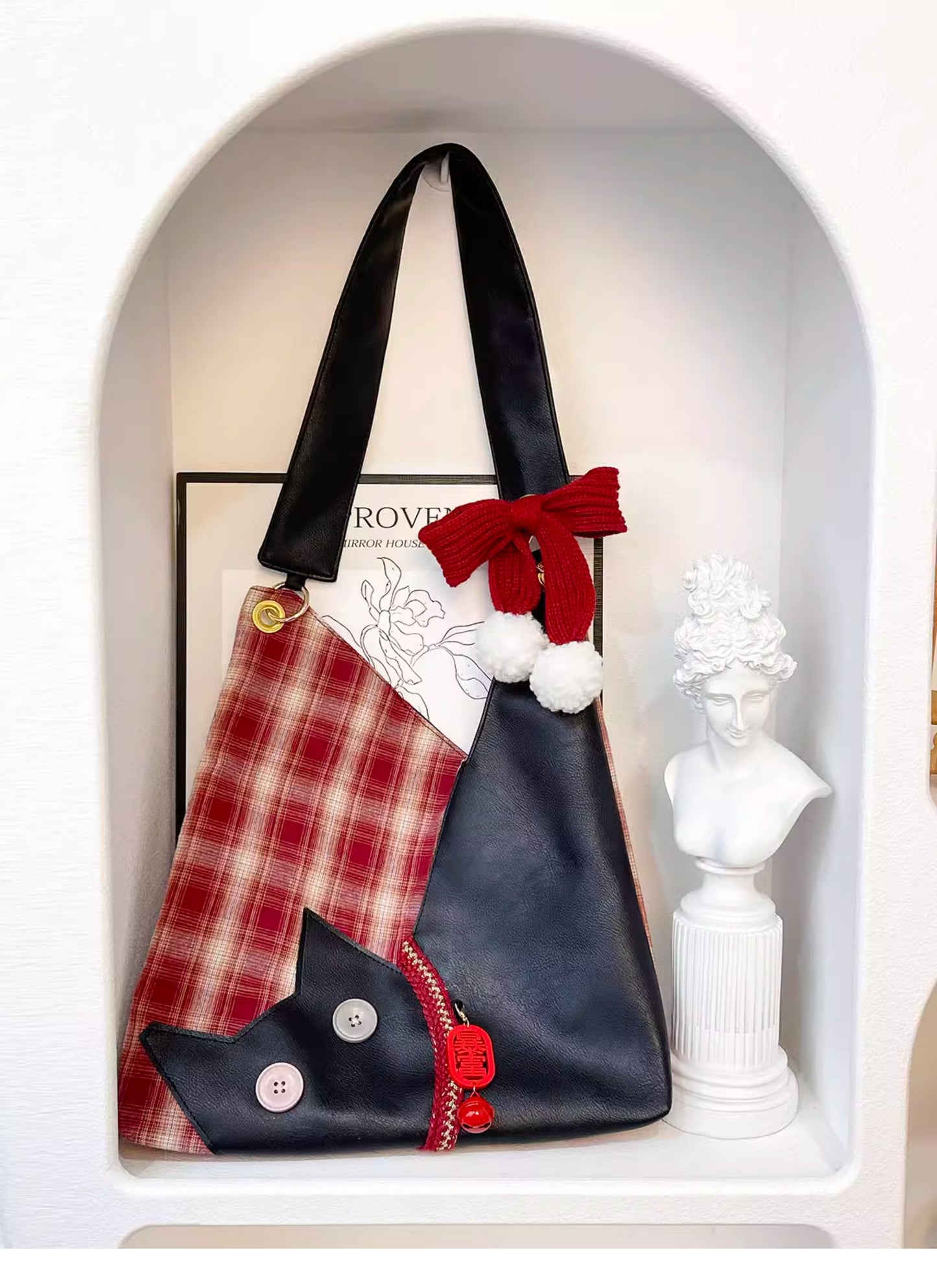 Red Plaid Plush Cat Bow Shoulder Bag