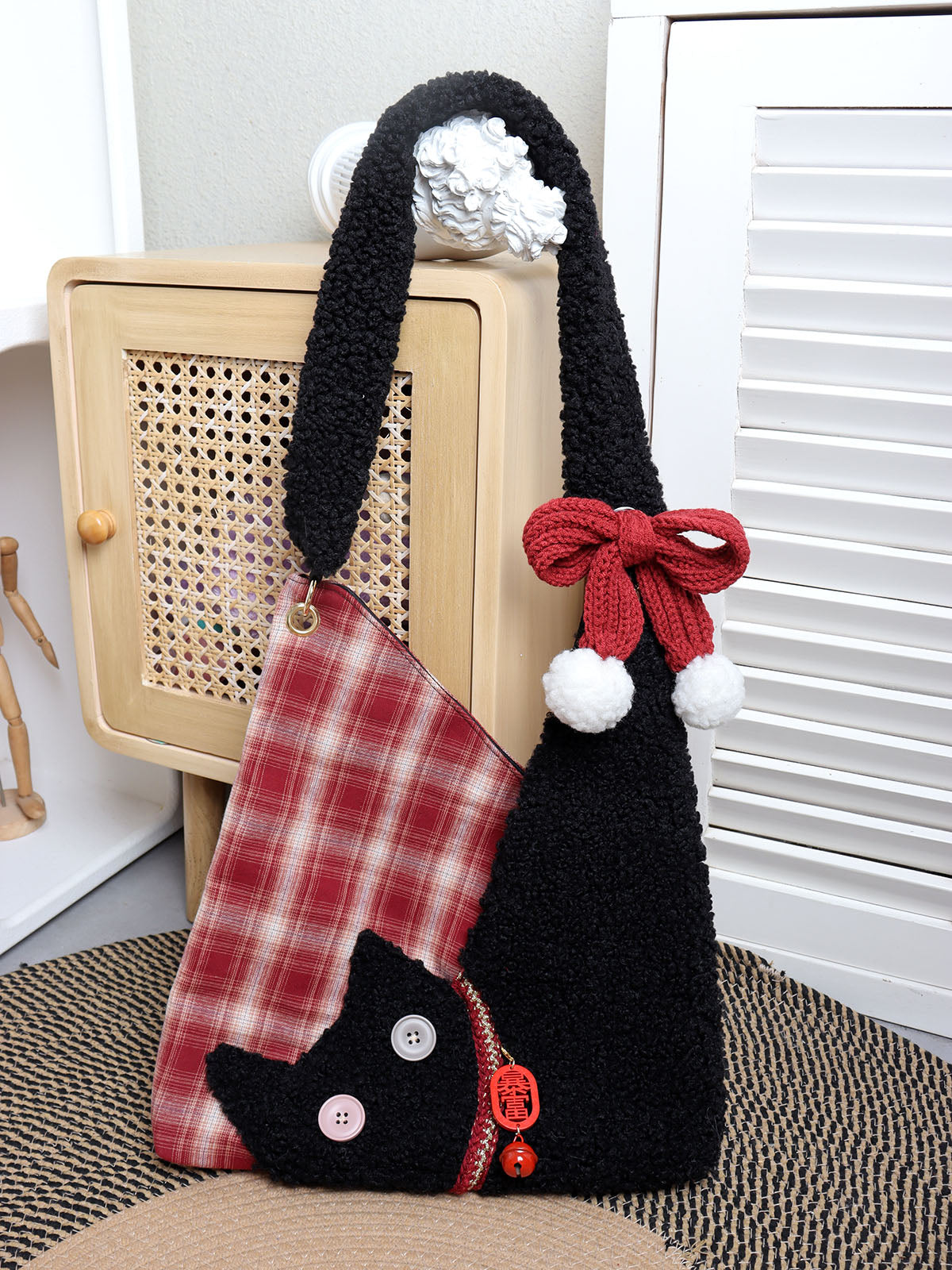 Red Plaid Plush Cat Bow Shoulder Bag