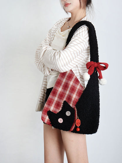 Red Plaid Plush Cat Bow Shoulder Bag