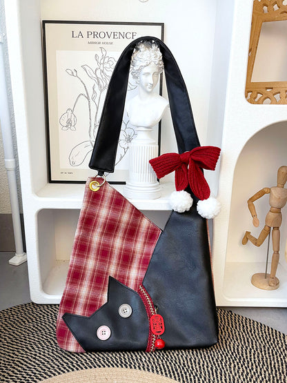 Red Plaid Plush Cat Bow Shoulder Bag