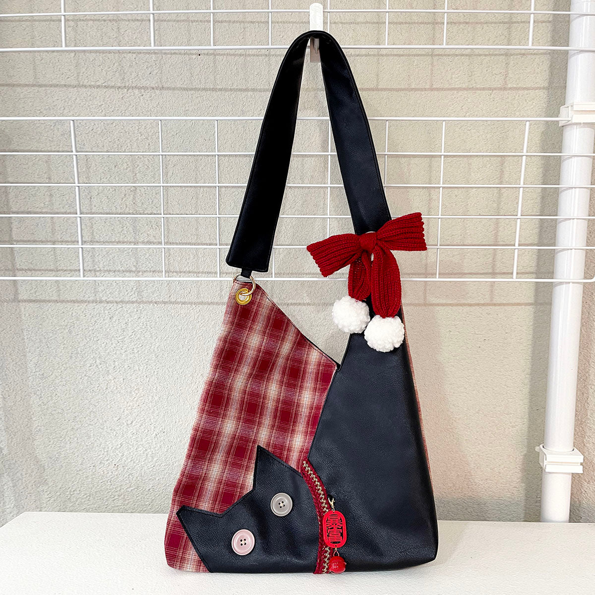 Red Plaid Plush Cat Bow Shoulder Bag