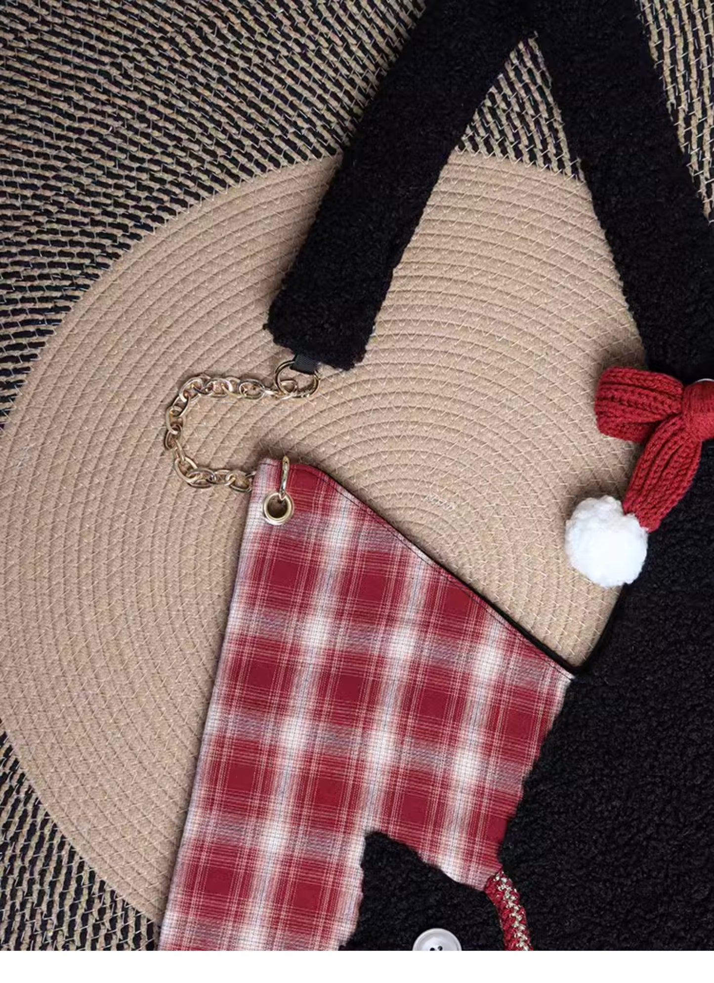 Red Plaid Plush Cat Bow Shoulder Bag