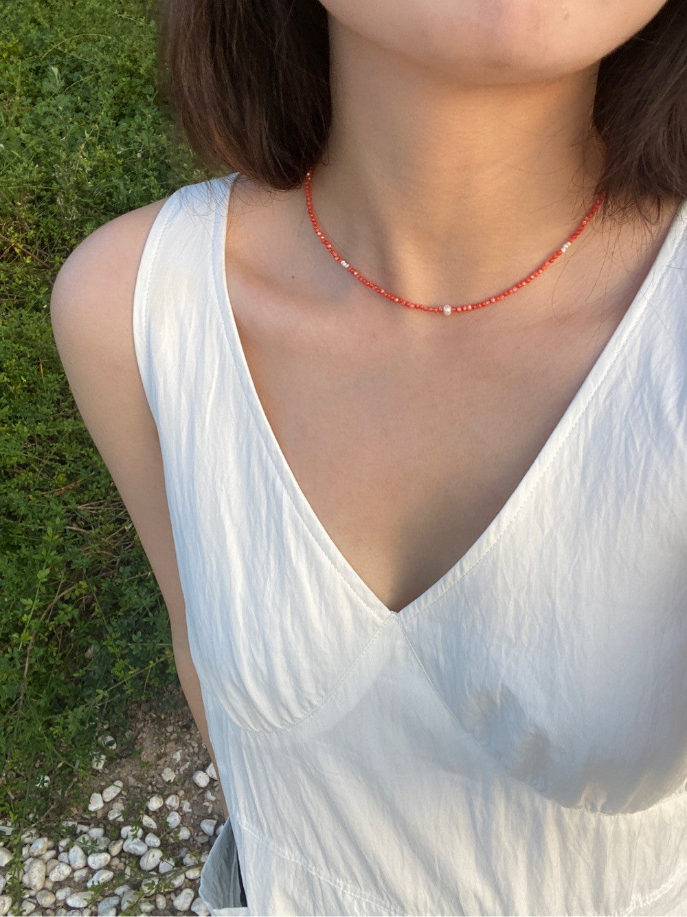 Red Shell Beaded Pearl Necklace
