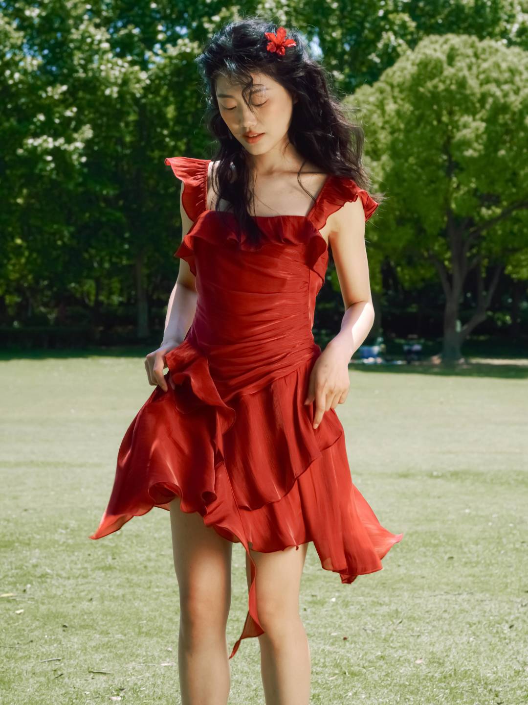 Red Sleeveless Ruffles Tiered Mini Dress