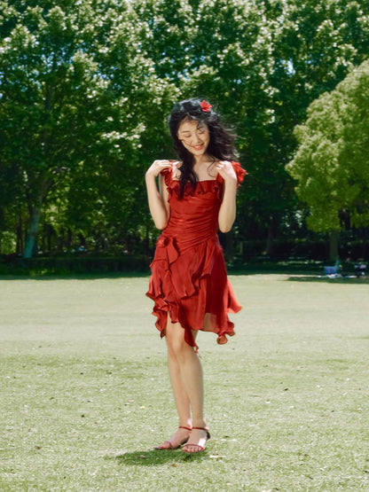 Red Sleeveless Ruffles Tiered Mini Dress