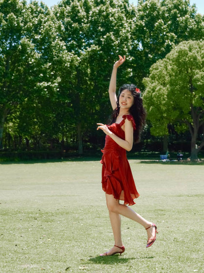 Red Sleeveless Ruffles Tiered Mini Dress