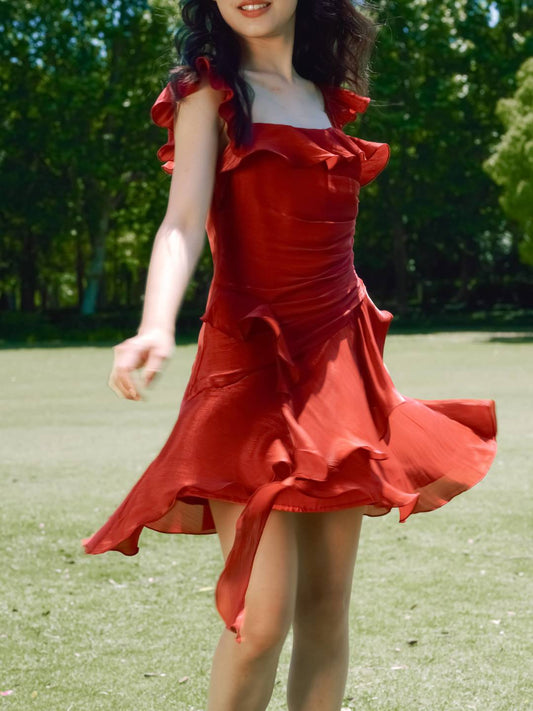 Red Sleeveless Ruffles Tiered Mini Dress