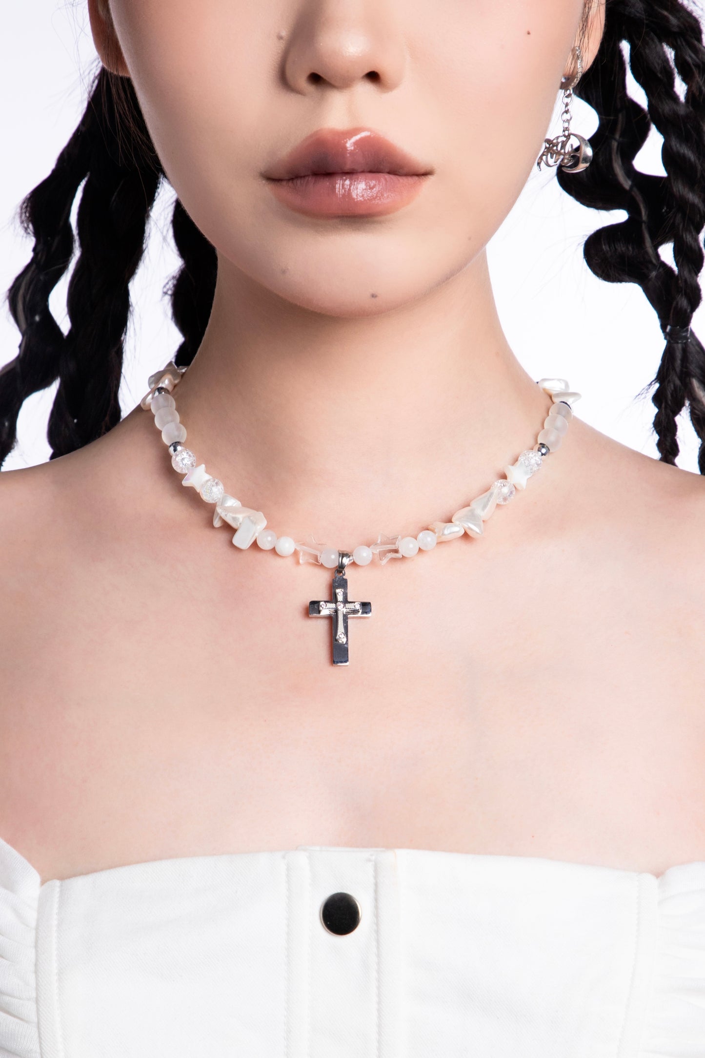 Shell Stars Beaded Cross Pendant Necklace