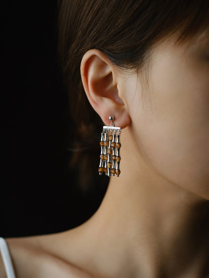 Silver Bamboo Beaded Tassel Earrings