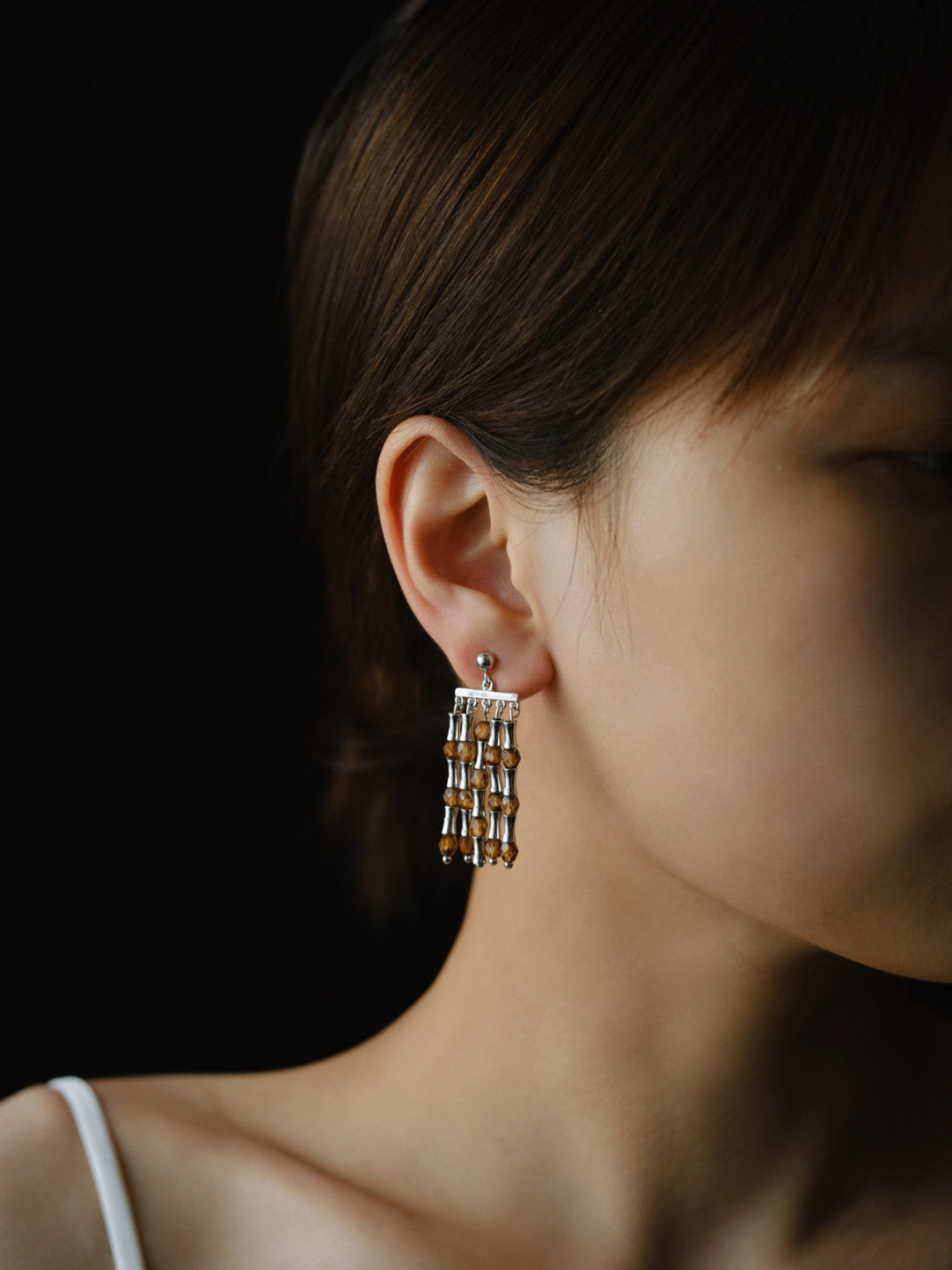 Silver Bamboo Beaded Tassel Earrings