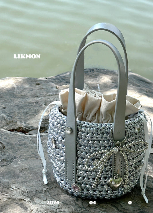 Silver Crochet Drawstring Crossbody Bucket