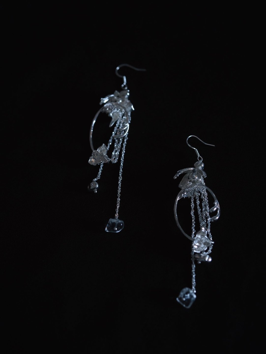 Silver Flower Tassel Crystal Earrings