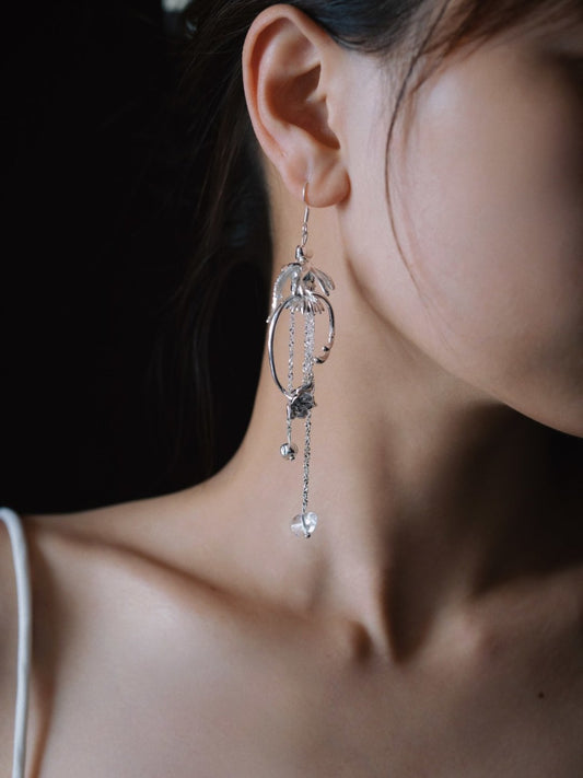 Silver Flower Tassel Crystal Earrings