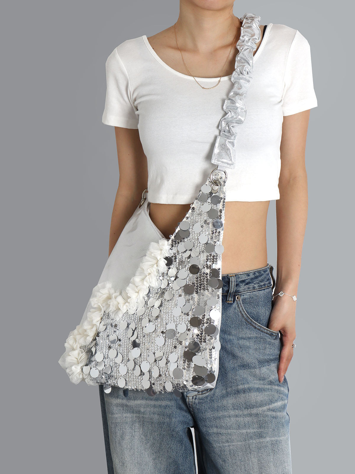 Silver Sequins Cat Shoulder Bag