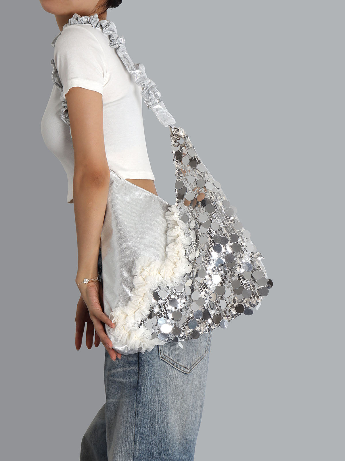 Silver Sequins Cat Shoulder Bag