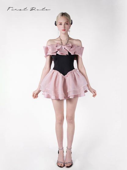 Sophia Black-Pink Bow Rhinestone Flare Dress