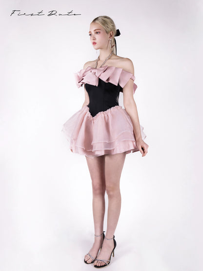 Sophia Black-Pink Bow Rhinestone Flare Dress