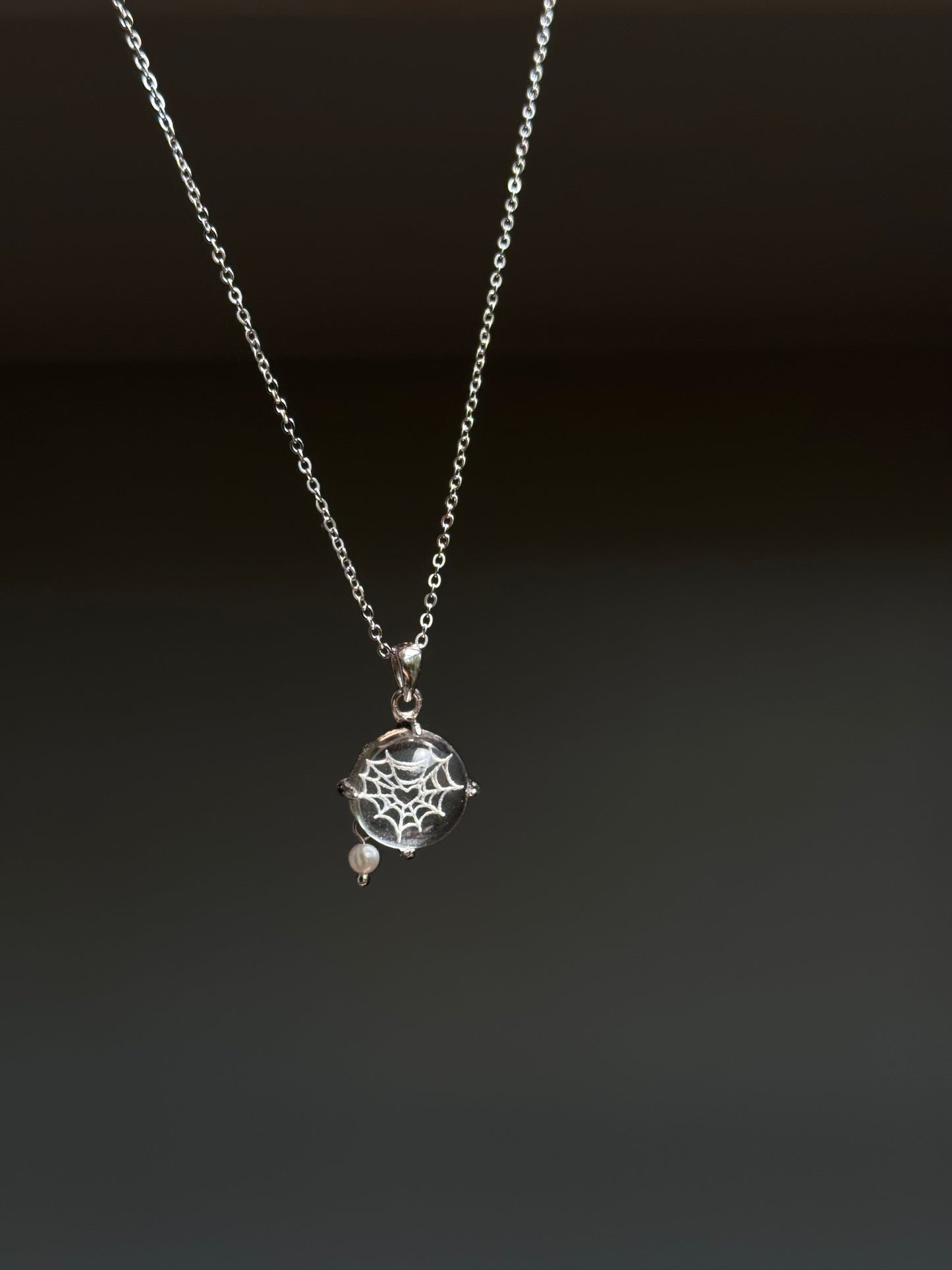 Spiderweb Engraved Crystal Silver Necklace