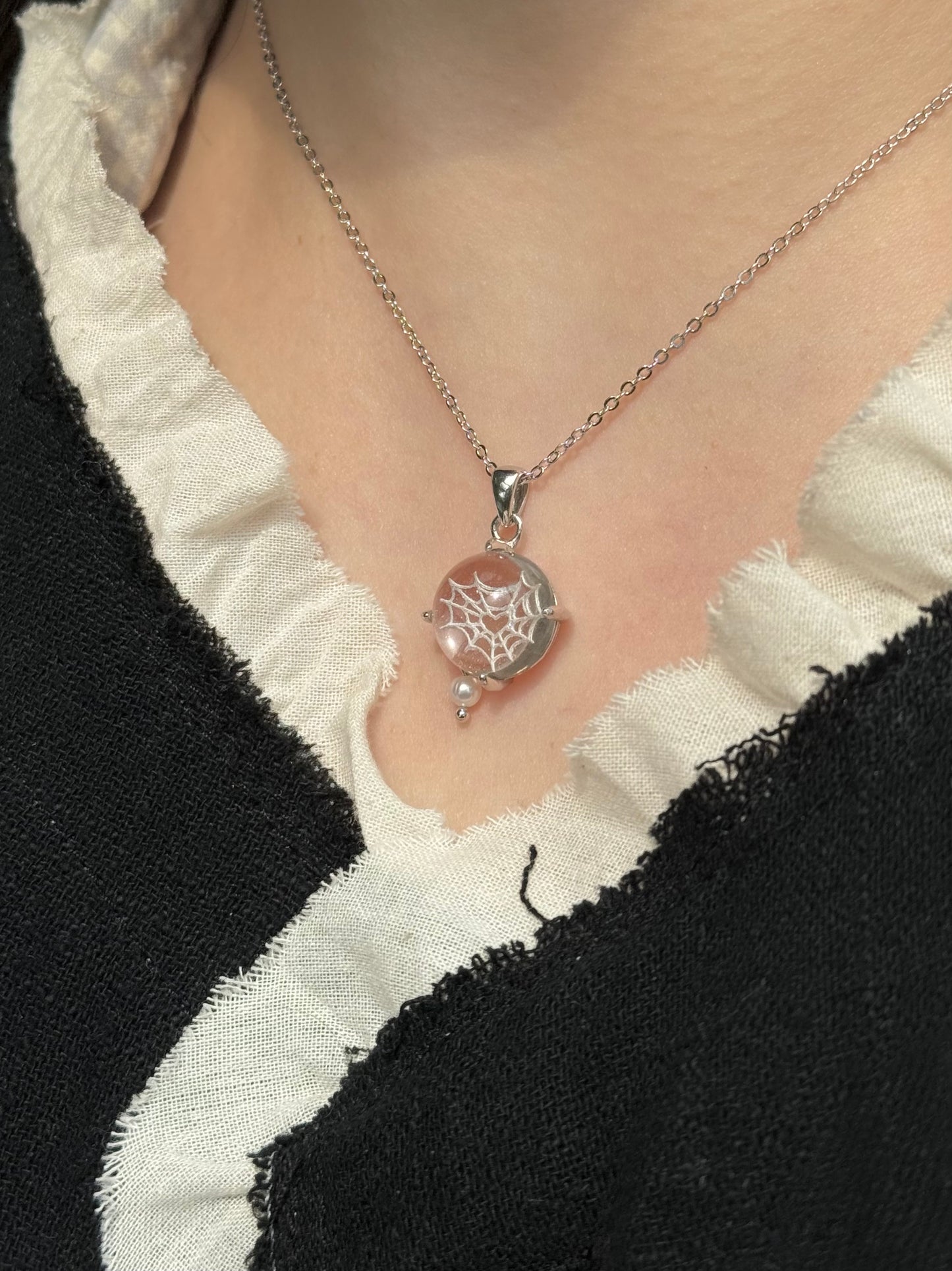 Spiderweb Engraved Crystal Silver Necklace
