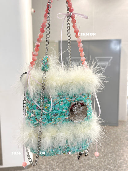 Spring Peach Blue Crochet Crossbody Bag