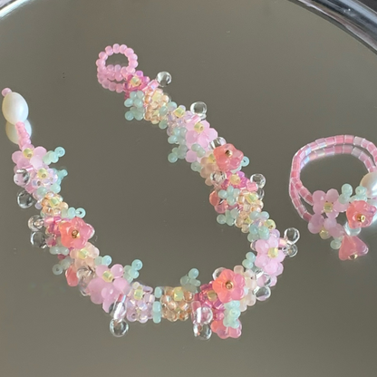 Spring Pink Flower Beaded Bracelet