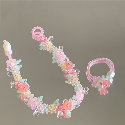 Spring Pink Flower Beaded Bracelet