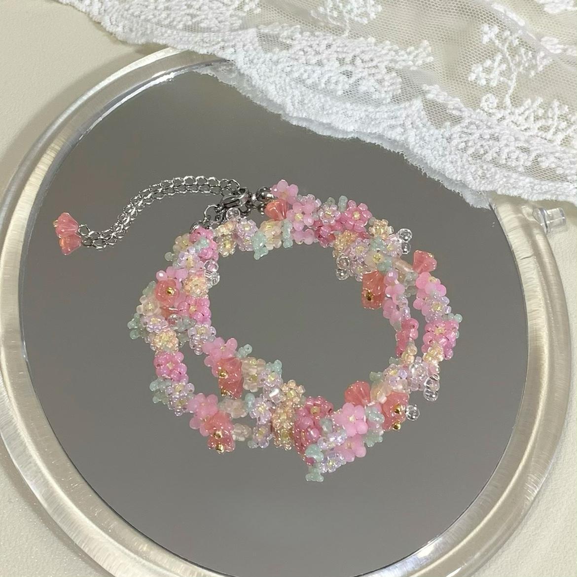 Spring Pink Flower Beaded Bracelet