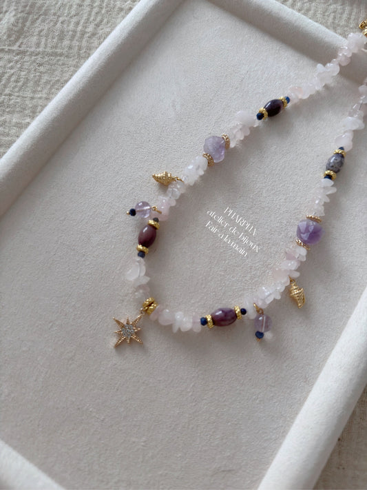 Star Pendant Pink Purple Crystal Beaded Necklace