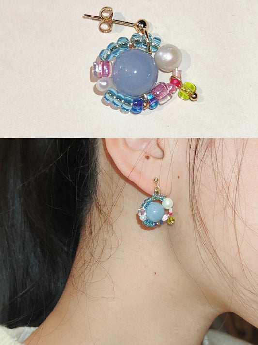Summer Bubble Blue Pink Pearl Beaded Earrings
