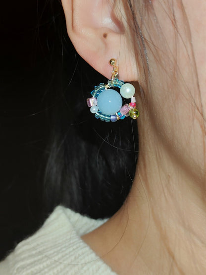 Summer Bubble Blue Pink Pearl Beaded Earrings