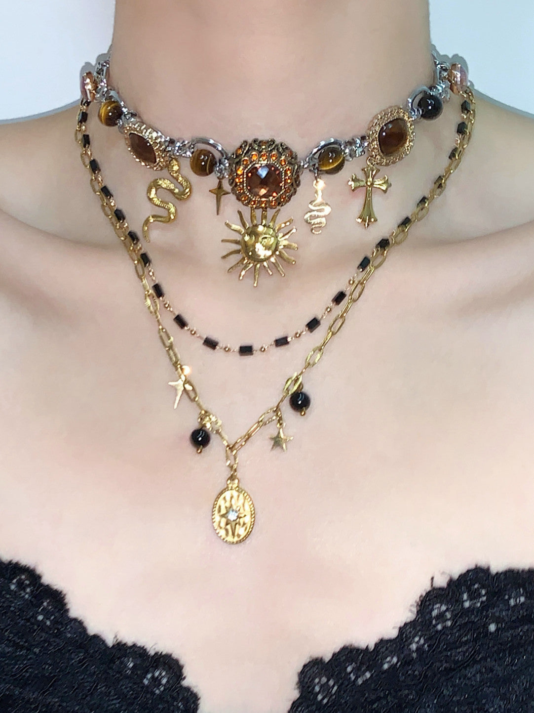 Sun Pendant Buttons Layered Choker Necklace