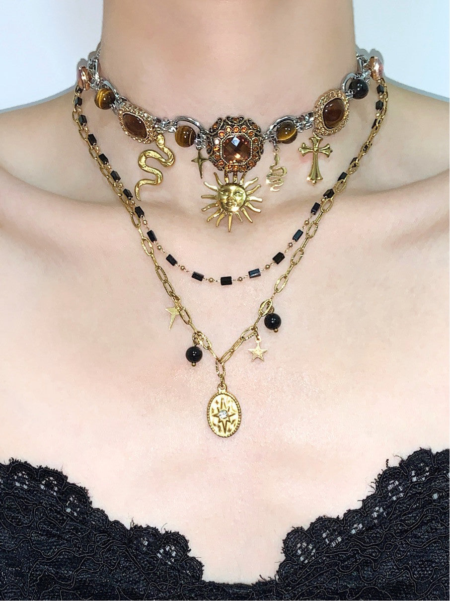 Sun Pendant Buttons Layered Choker Necklace