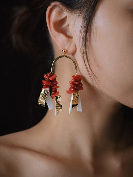 Valkyrie Red Golden Beaded Earrings
