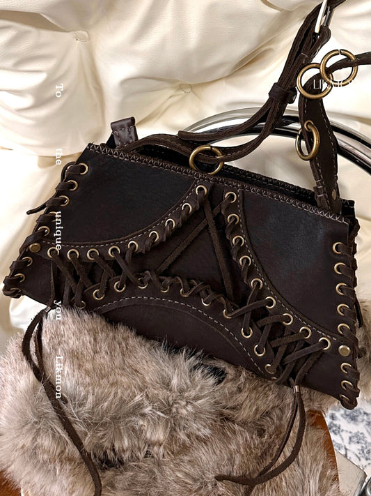 Vintage Top-Grain Leather Lace-Up Shoulder Bag