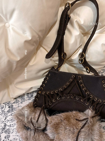 Vintage Top-Grain Leather Lace-Up Shoulder Bag