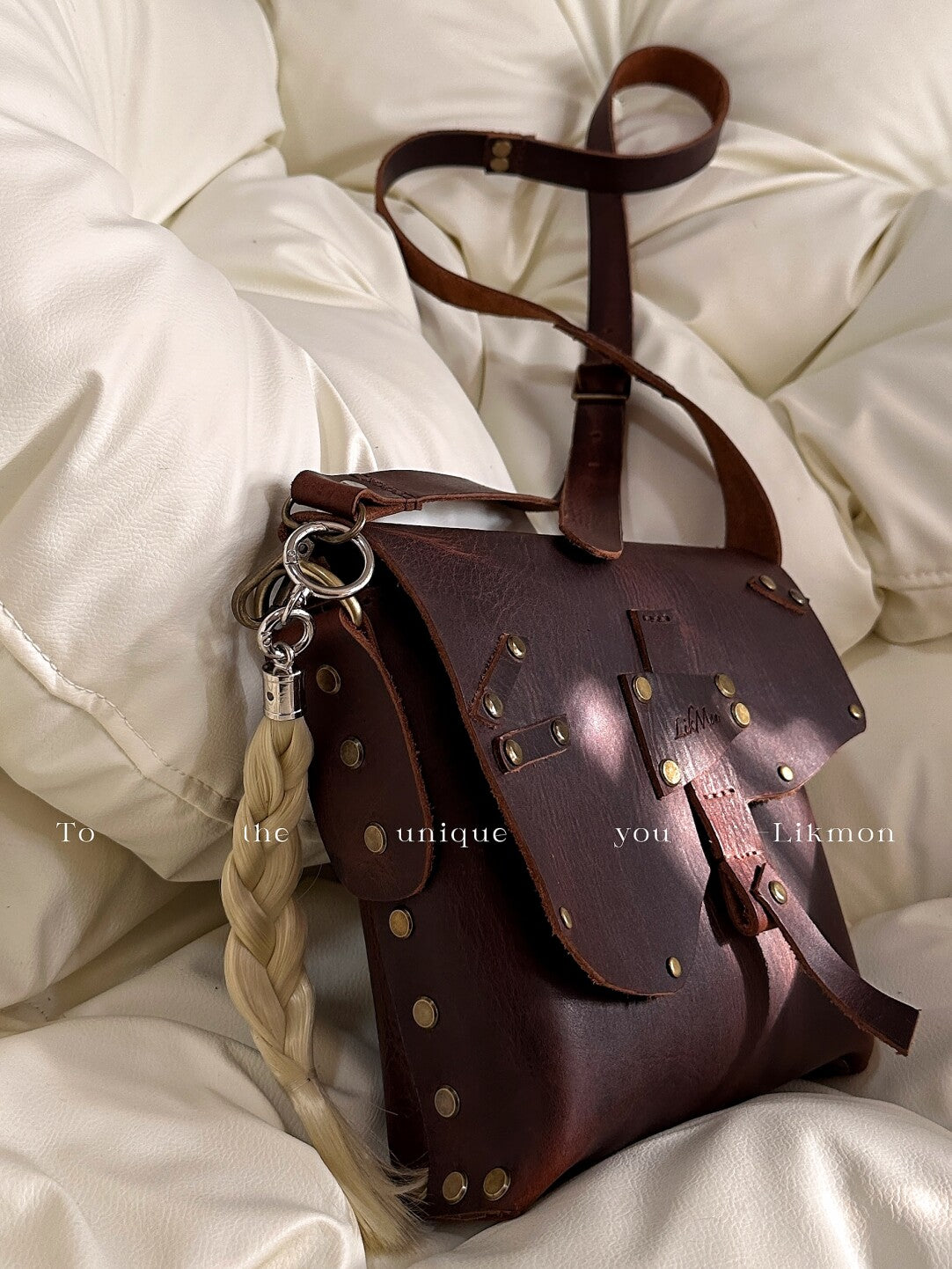 Vintage Top-Grain Leather Studded Messenger Bag