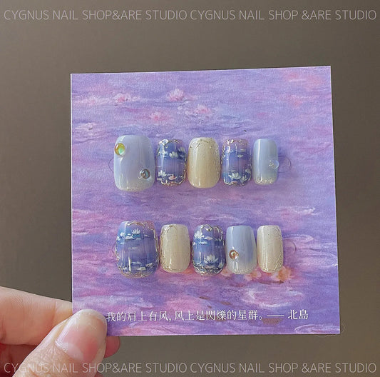 Water Lily Hand Painted Press On Nails Set