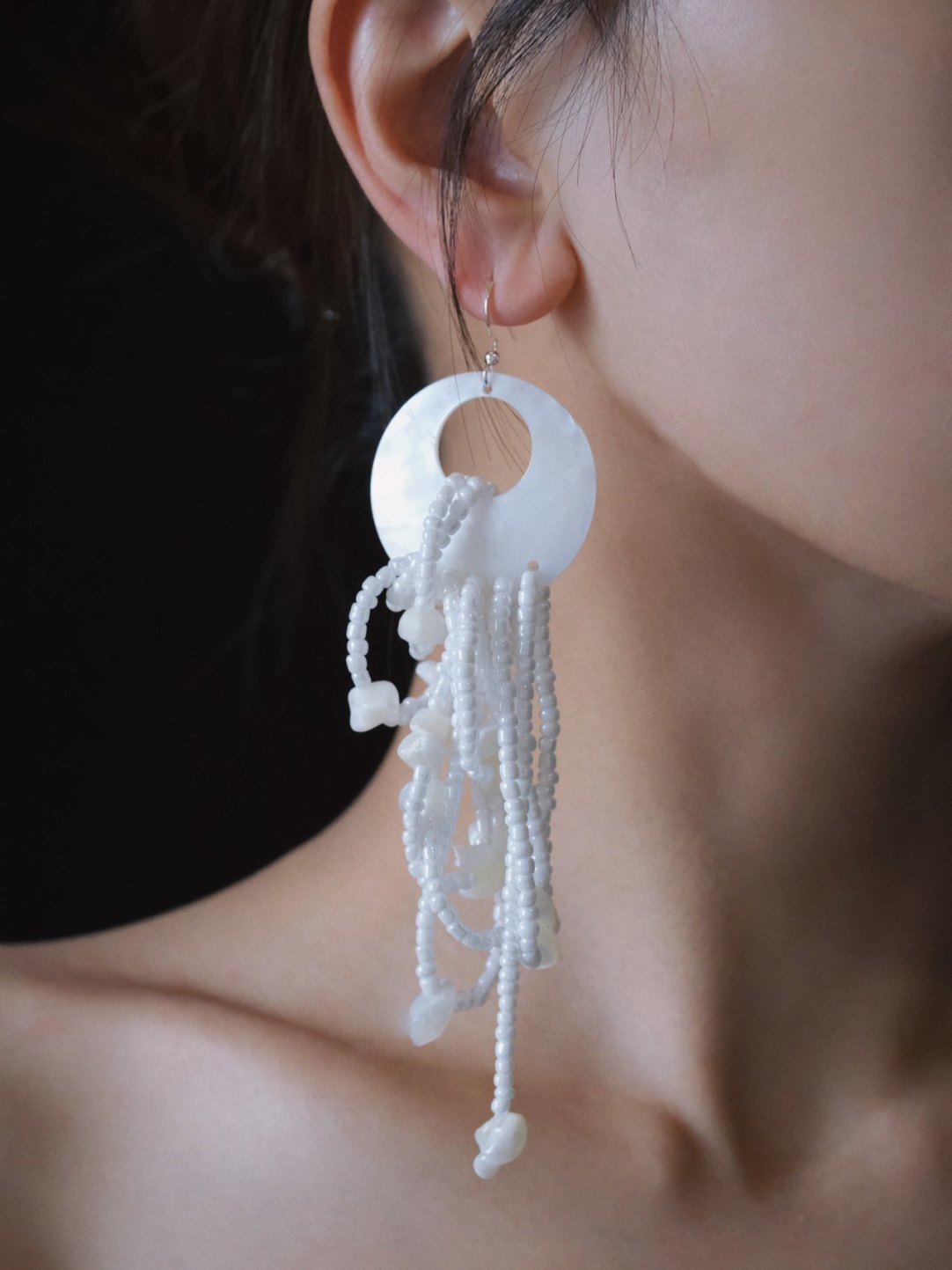 White Jellyfish Beaded Tassel Earrings