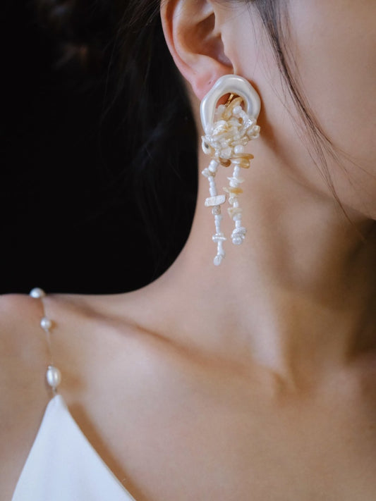 White Jellyfish Beaded Tassel Earrings