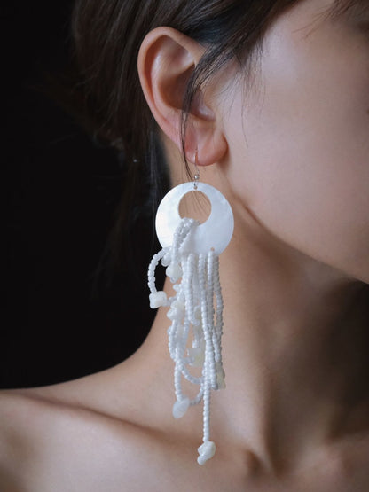 White Jellyfish Beaded Tassel Earrings