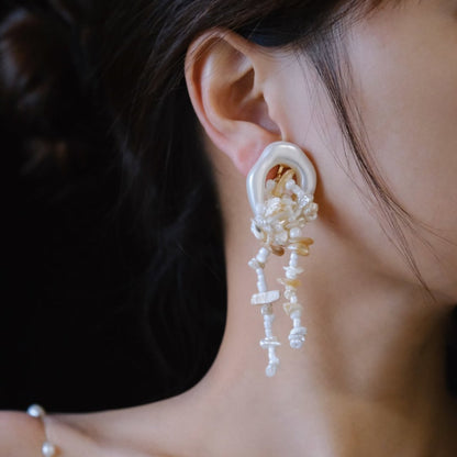 White Jellyfish Beaded Tassel Earrings