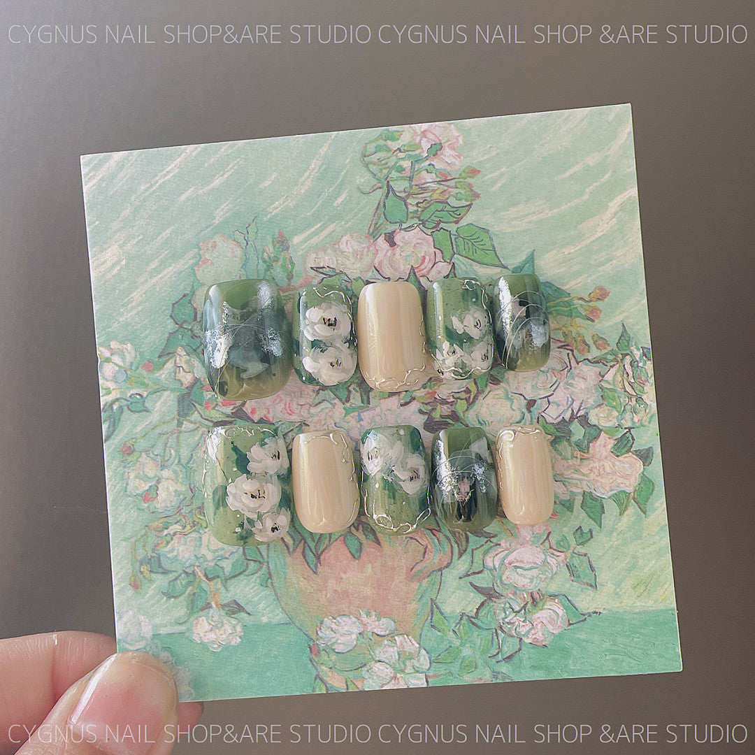 White Rose Garden Hand Painted Press On Nails Set